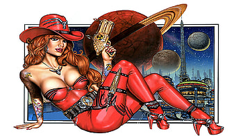 Space Cowgirl, redheads, cowgirl, pistol, hats, space HD wallpaper