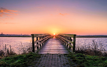 At The Lake, bridge, sky, water, sun, sunset HD wallpaper