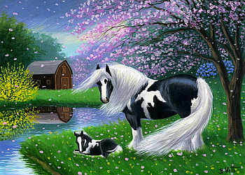 Windy Spring Gypsy Foal, White, Tree, Black, Foal, House, Gypsy, Grass, sky, Spring, Windy, River, Clouds, Male HD wallpaper