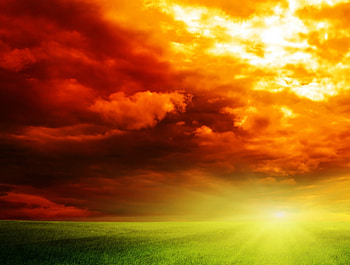 Bright Sunset, field, yellow, green, red, sunset HD wallpaper
