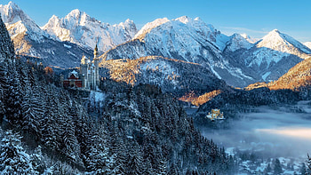 Bavarian Castles, snow, winter, trees, landscape, germany, sky, alps HD wallpaper
