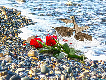 ~~ ~~, seaside, two, sea, roses, r, hq, beach, summer, broken ship, 3d, abstract, shipwreck, red, pebbles, romantic HD wallpaper