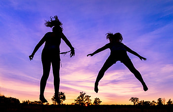 Floating in the sky, Weightless play, Trampoline fun, Summer evening HD wallpaper