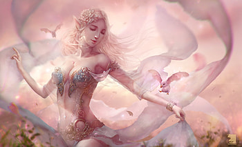 Fantasy girl, parrot, frumusete, dancer, bird, gorgeous, girl, wind, superb, pink, breeze, fantasy, wei chang, pasari, sunset HD wallpaper