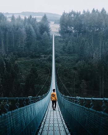 Loneliness, Nature, Miscellanea, Miscellaneous, Bridge, Human, Person, Rope Bridge, Cable Bridge HD phone wallpaper