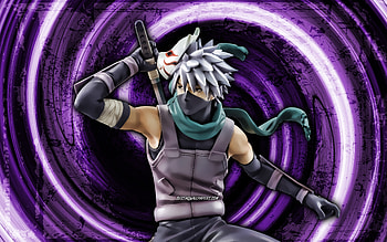 Kakashi Hatake, violet grunge background, 3D art, Naruto, artwork, Sharingan, vortex, Hatake Kakashi, samurai, manga, Naruto characters HD wallpaper