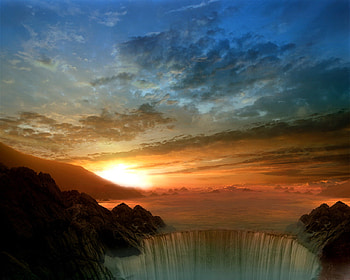 Waterfall, color, clouds, sky, sunset HD wallpaper