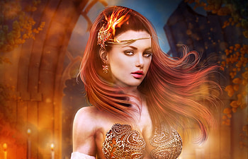 Fire girl, fantasy, redhead, girl, andreea cernestean, fire HD wallpaper