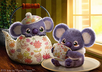 Koala tea, blue, fantasy, koala, bear, tea, piper thibodeau, cup, teapot, cute HD wallpaper