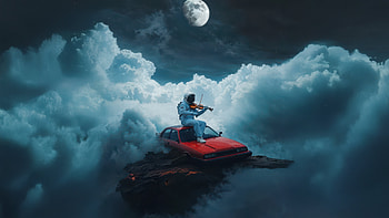 Space Musician Red Car In The Clouds, artist, artwork, art, digital-art, ai, astronaut, space, moon, clouds, guitar HD wallpaper