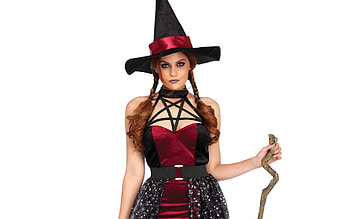 Witch, halloween, model, black, costume, red, girl, hat HD wallpaper