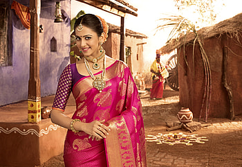 Rakul preet singh, sari, actress, magenta, pink, tamil, jewels, telugu, eyes, indian HD wallpaper