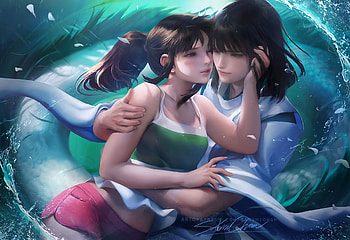 Spirited Away, sakimichan, art, man, girl, hand, fantasy, couple, dragon, luminos, guy HD wallpaper