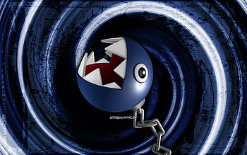 Chain Chomp, blue grunge background, vortex, Super Mario, cartoon monster, Super Mario characters, Super Mario Bros, Chain Chomp Super Mario HD wallpaper