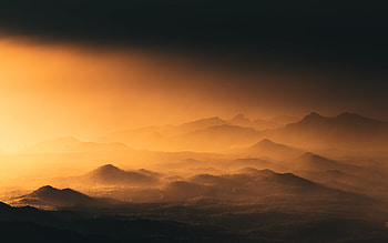 Mist, horizon, nature, mountains, orange sky HD wallpaper
