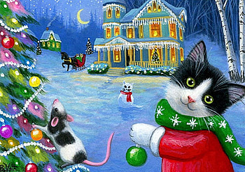 The Joys Of Christmas, winter, horse, ornaments, cat, tree, artwork, sleigh, painting, mouse, snow, cottage HD wallpaper