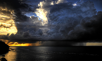 Enormous, rain, clouds, beautiful, water, sunset, ocean HD wallpaper