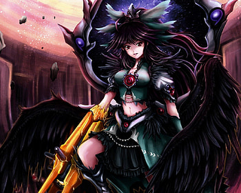 Reiuji Utsuho, cute, angel, long hair, beauty, nice, feather, 3d, wing, cg, female, sexy, wings, hot, girl, beautiful, armor, anime girl, anime, pretty, weapon, touhou, realistic HD wallpaper