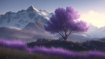 Alpine Landscape, tree, purple, mountain, landscape, flower HD wallpaper