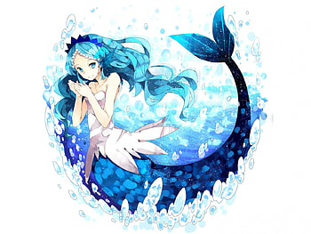 ~Enchanting Mermaid~, blue fins, mermaid, anime, beautiful, blue hair, long hair, bubbles, water HD wallpaper