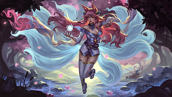 Ahri, blue, pink, fix, fantasy, girl, fox, an bokun HD wallpaper