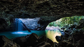 natural pool in a cave, falls, skylight, cave, rocks, forest HD wallpaper
