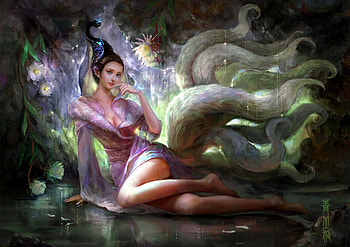 Ahri, frumusete, cao yuwen, girl, fox, fantasy, league of legends, luminos, nine tails HD wallpaper