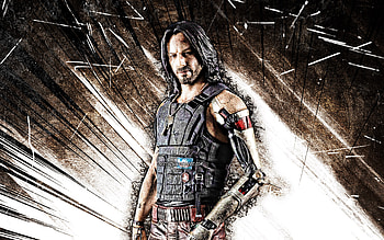 Johnny Silverhand, grunge art, Cyberpunk 2077, RPG, fan art, Cyberpunk 2077 characters, brown abstract rays, Johnny Silverhand Cyberpunk HD wallpaper