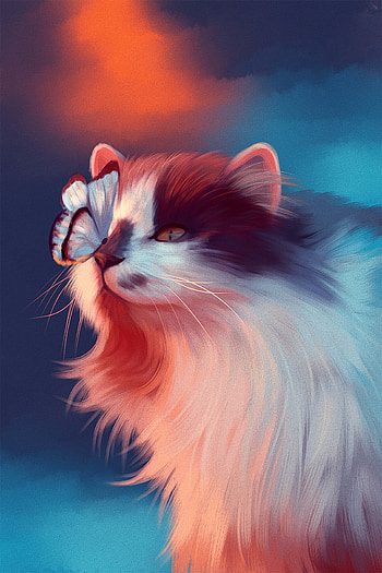Art, Cat, Fluffy, Butterfly, Nice, Sweetheart HD phone wallpaper
