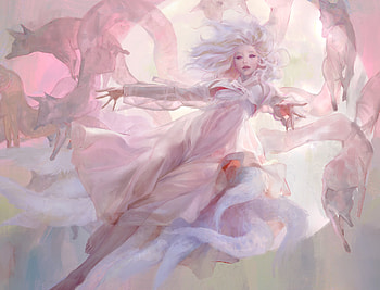 Kitsune, vulpe, sangsoo jeong, girl, fox, frumusete, white, art, ahri, pink, fantasy HD wallpaper