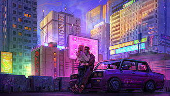 Couple Kiss In Cyber City, cyberpunk, artist, artwork, art, digital-art, artstation HD wallpaper