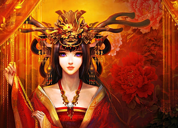 Oriental princess, asian, peony, girl, beauty, amethyst eyes, anime, pcw, yellow, red, luminos, princess, manga HD wallpaper