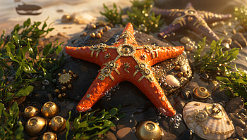Gilded Starfish —, Starfish, Seashell, Seaweed, Beach HD wallpaper