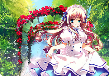 Garden, frills, bushes, girl, dress, maid, leaves, anime, trees, flowers, female HD wallpaper