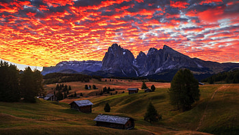 Sunset in the Dolomites, Italy, alps, village, meadows, peaks, landscape, trees HD wallpaper