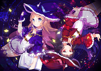 ~Double Trouble~, blue eyes, dresses, red eyes, book, anime, pretty, thighhighs, witches, glasses, friends, hats HD wallpaper