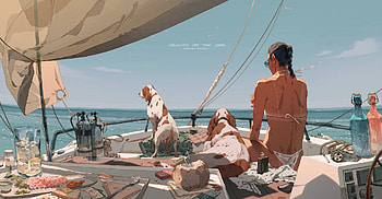 Sailing, girl, caine, vara, sea, boat, dog, art, xizhang, summer, xi zhang, fantasy, water HD wallpaper