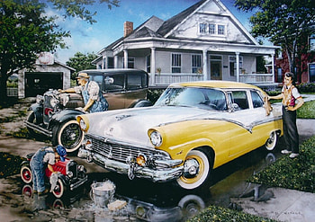 Three Generations, washing, painting, grandfather, cars, son, generations, father, vintage HD wallpaper