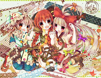 Friends, red eyes, red hair, long hair, anime, Kaenbyou Rin, touhou, girls, Saigyouji yuyuko, friendship, blonde hair, manga, green eyes, trio, female HD wallpaper