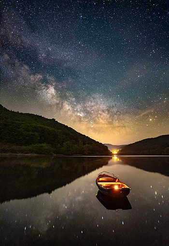Nature, Reflection, Starry Sky, Lamp, Lantern, Boat HD phone wallpaper