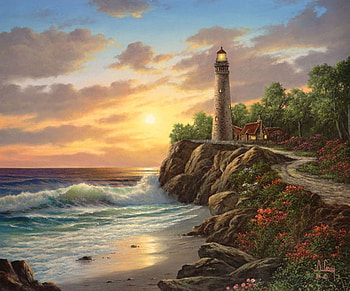 By A. Casay, lighthouse, a casay, painting, art, sky, sunrise HD wallpaper