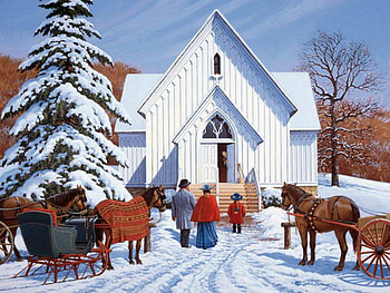 Church on Sunday, winter, artwork, horses, sleigh, painting, snow, fir, people HD wallpaper