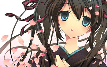 Anime, Petals, Girl, Brunette, Miku In A Kimono HD wallpaper