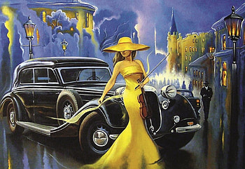 The beauty of the night, artwork, digital, car, man, town, girl, violin, houses HD wallpaper