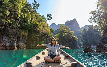 Girl in Boat on Lake, boat, girl, smile, lake, rocks HD wallpaper