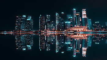 Cities, Building, Lake, Reflection, Night City, Skyscrapers, Backlight, Illumination, Electricity HD wallpaper
