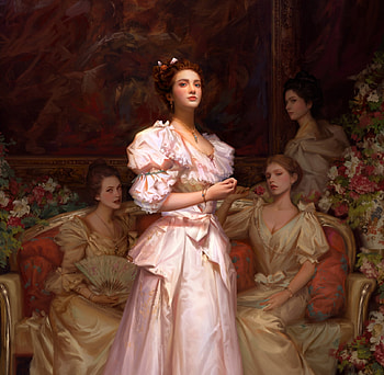Ladies, frumusete, gorgeous, girl, 1999art, superb, pink, lady, hand fan, old, fantasy, evantai, luminos, 1999 HD wallpaper