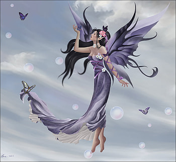 Butterfly faerie, wings, butterflyes, colors, girl, fairy, purple, butterflies, wingscatcher, fantasy, abstract, flower, lavender, clouds, sky, bubbles, dream HD wallpaper