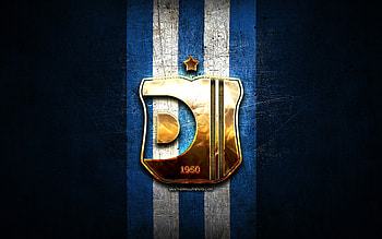 Dinamo Tirana FC, golden logo, Kategoria Superiore, blue metal background, football, Albanian football club, Dinamo Tirana logo, soccer, FK Dinamo Tirana HD wallpaper