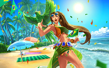 Bikini, Sand, Paladins (Video Game), Paladins, Video Game, Ball, Beach, Bird, Blue Eyes, Bracelet, Brown Hair, Cassie (Paladins), Earrings, Flag, Long Hair, Palm Tree, Smile, Sun, Sunglasses, Towel, Tree, Umbrella, Water HD wallpaper